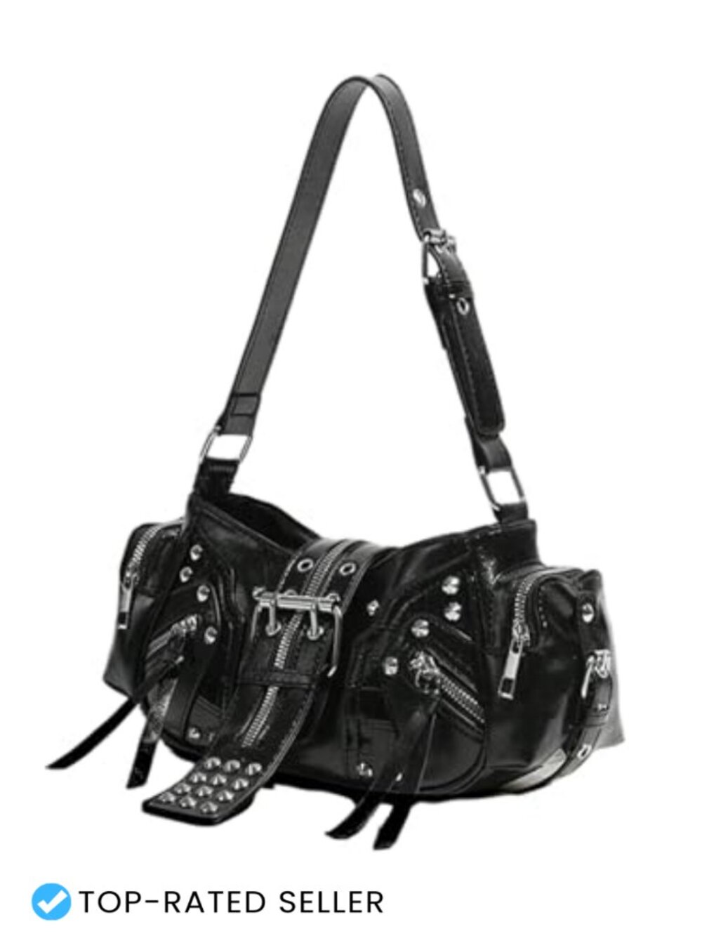 Studded Shoulder Bag Y2K Punk Faux Leather Handbag with Buckle Adjustable Strap